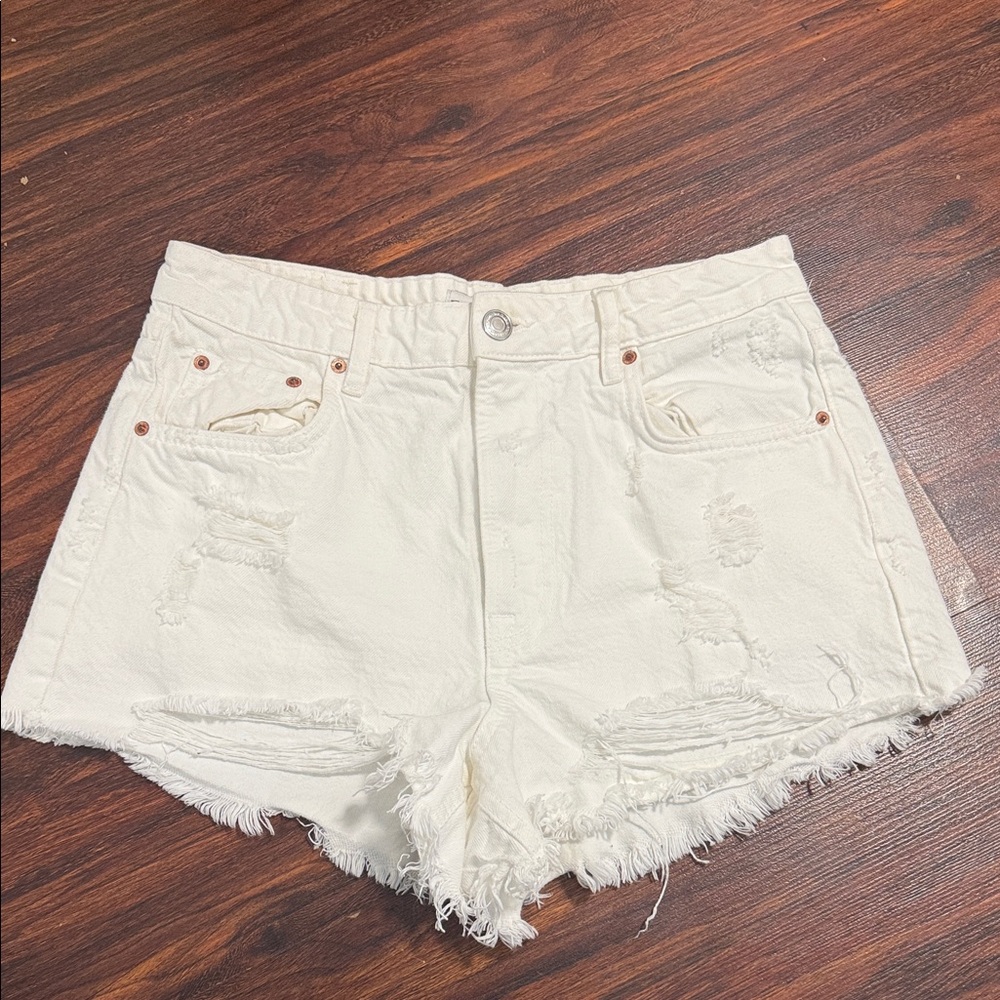 Zara Cream Distressed Jean Shorts